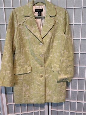 Dialogue Light Green Floral Jacquard Blazer with Cream Piping
